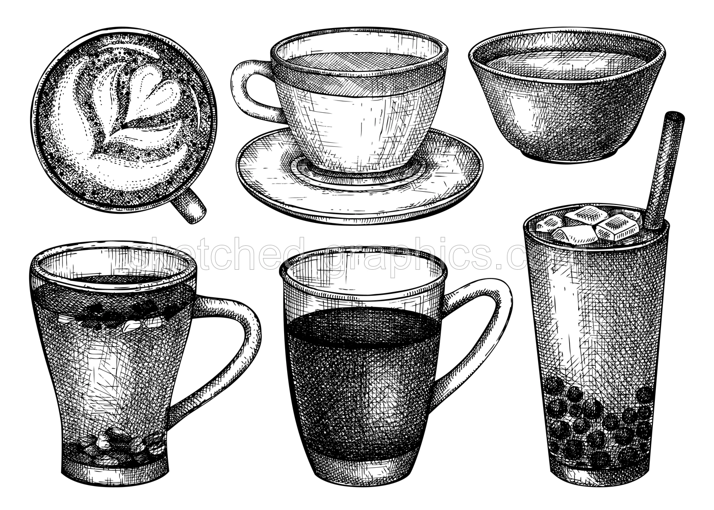 Hand-sketched tea mug illustrations. Vector sketches of hot drink in an glass teacups and glasses. Tea beverages drawings for menu design isolated on white. Illustration